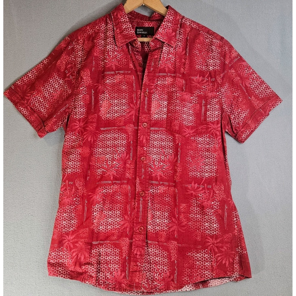 Marc Edwards Palm Trees & Pineapple Red Collared Shirt, Men's Size Medium